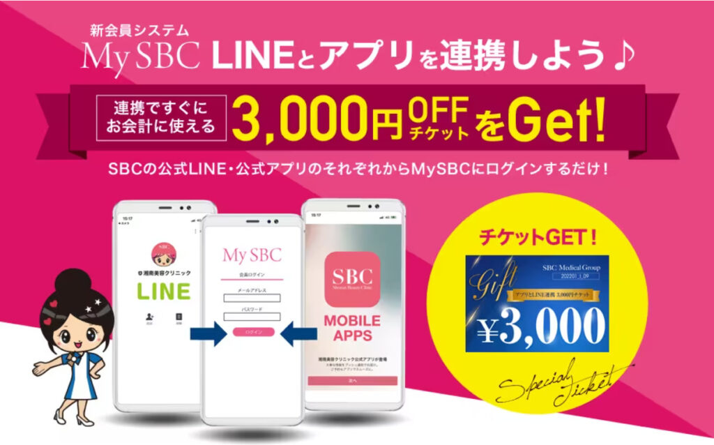 湘南美容クリニックで「My SBC」と公式アプリ、LINEとの連携で3,000円OFFチケットがもらえる